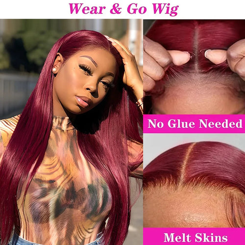 200 Density Burgundy Glueless 13x6 Hd Lace Frontal Human Hair Wig Ready To Wear And Go Brazilian Straight 99j Colored On Sale