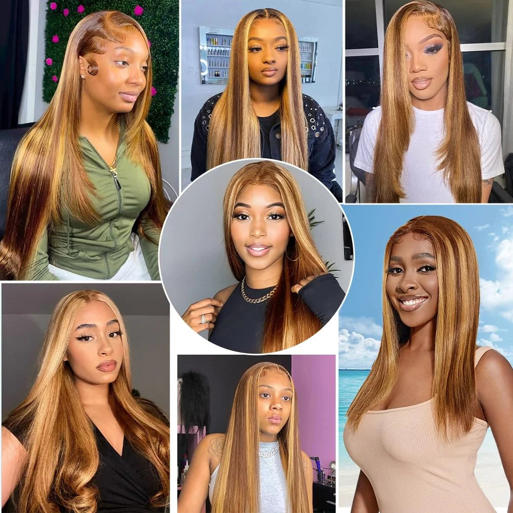 30 Inch Highlight Wigs 13x6 Hd Glueless Human Hair Ready To Wear And Go For Women Honey Blonde Colored Straight Lace Frontal Wig
