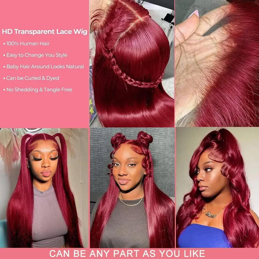200 Density Burgundy Glueless 13x6 Hd Lace Frontal Human Hair Wig Ready To Wear And Go Brazilian Straight 99j Colored On Sale