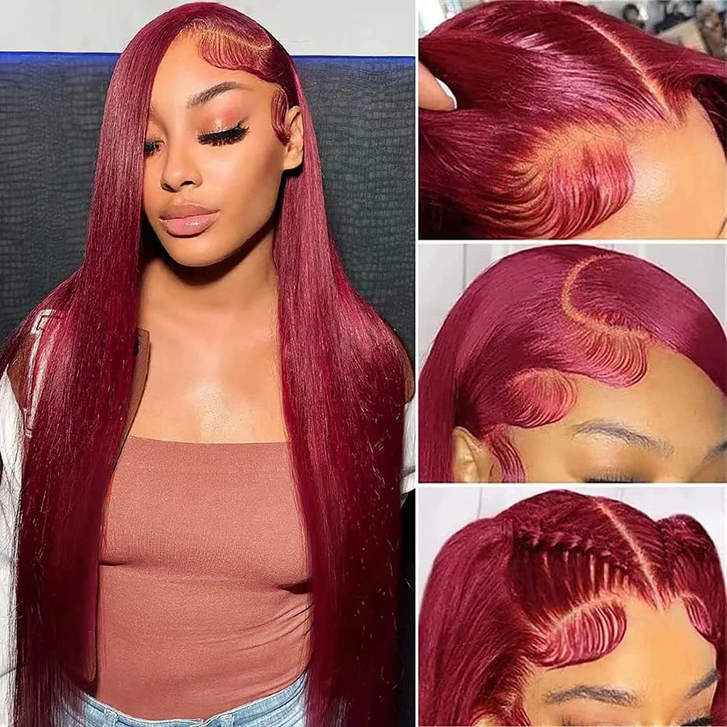 200 Density Burgundy Glueless 13x6 Hd Lace Frontal Human Hair Wig Ready To Wear And Go Brazilian Straight 99j Colored On Sale
